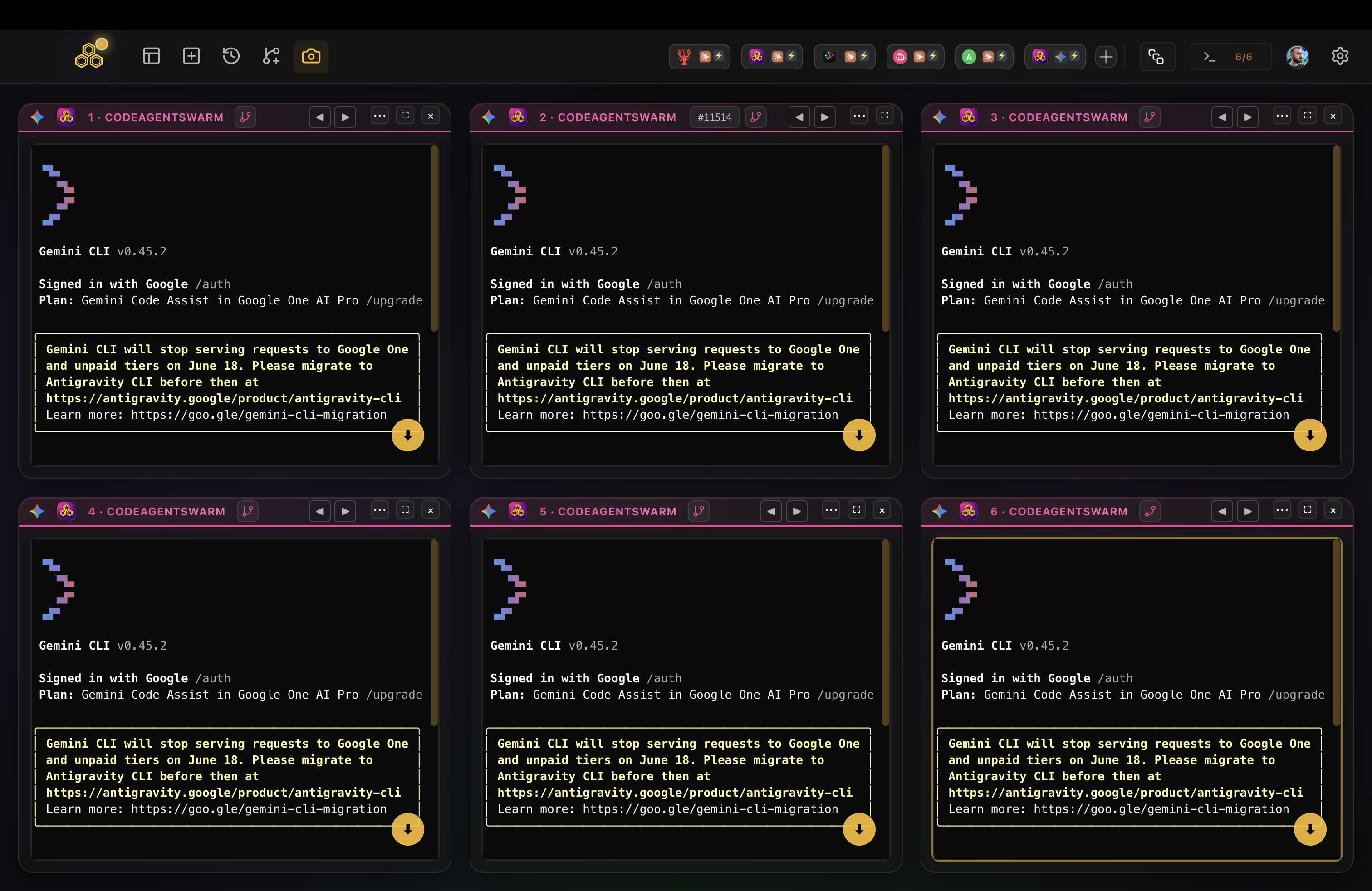 Six Google Gemini CLI terminals running in parallel in a single CodeAgentSwarm workspace, each an independent Gemini session