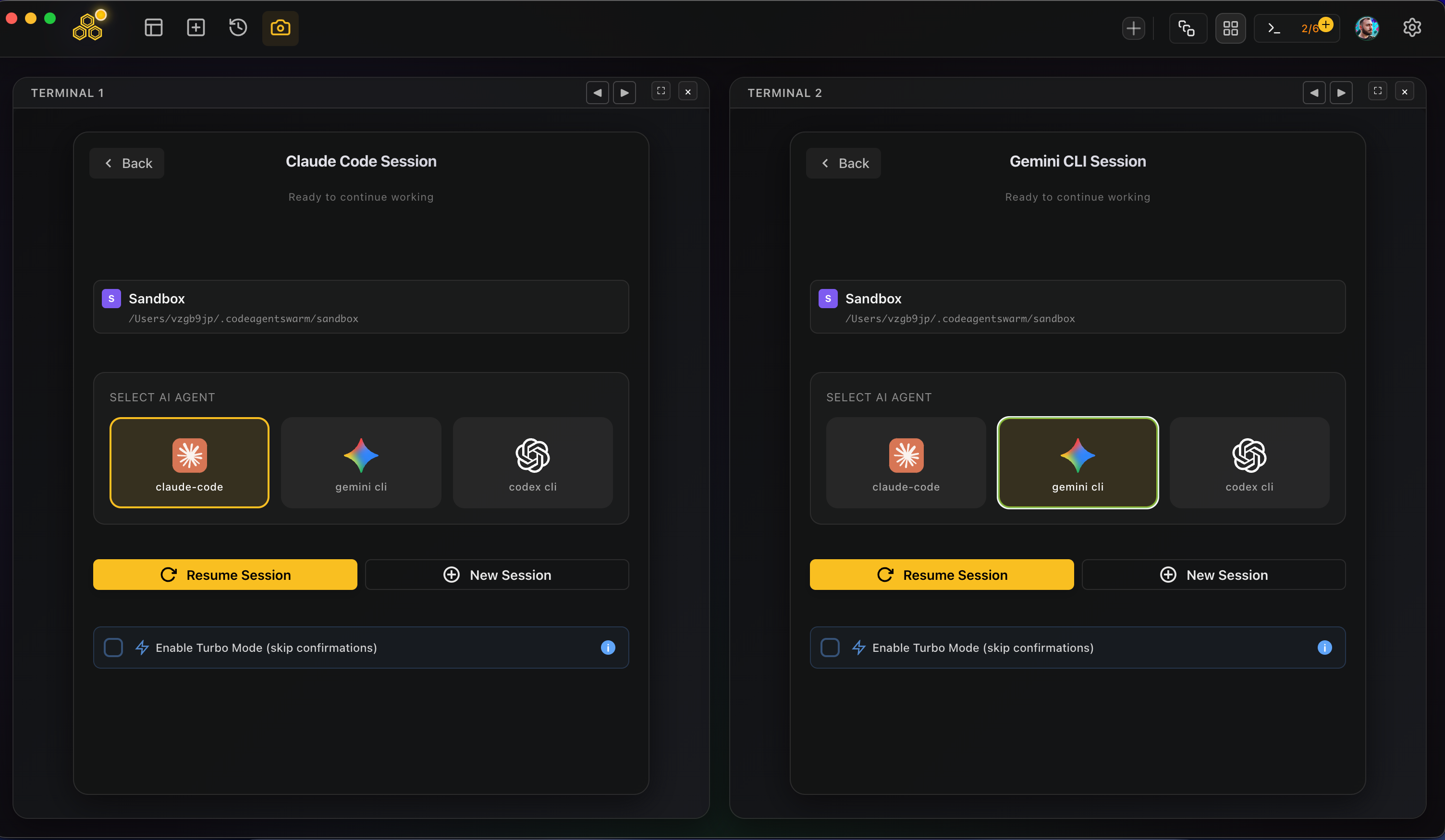A CodeAgentSwarm terminal showing the SELECT AI AGENT picker with claude-code, gemini cli and codex cli options plus an Enable Turbo Mode toggle