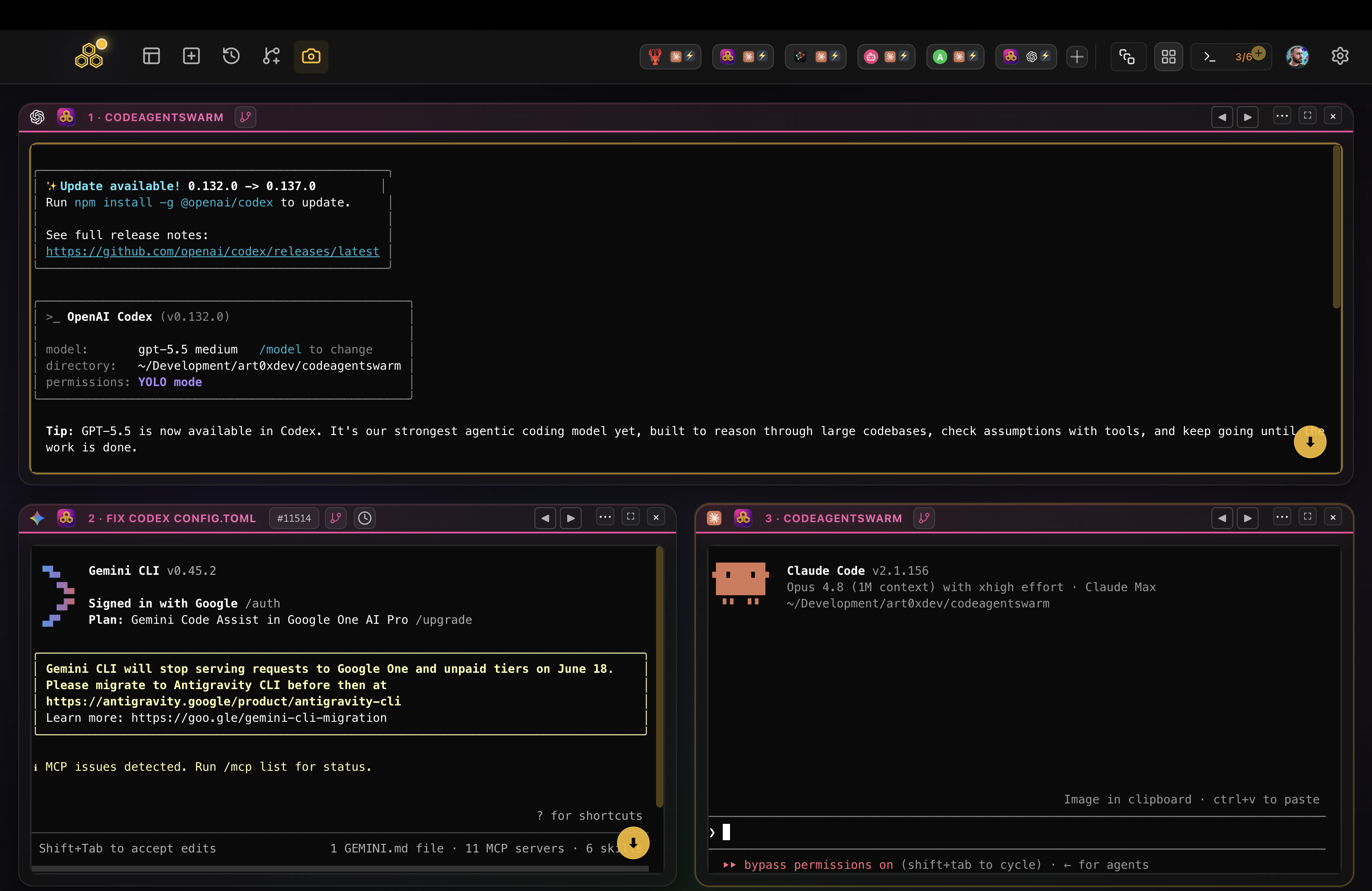 OpenAI Codex, Google Gemini CLI and Anthropic Claude Code running side by side as separate terminals in one CodeAgentSwarm window